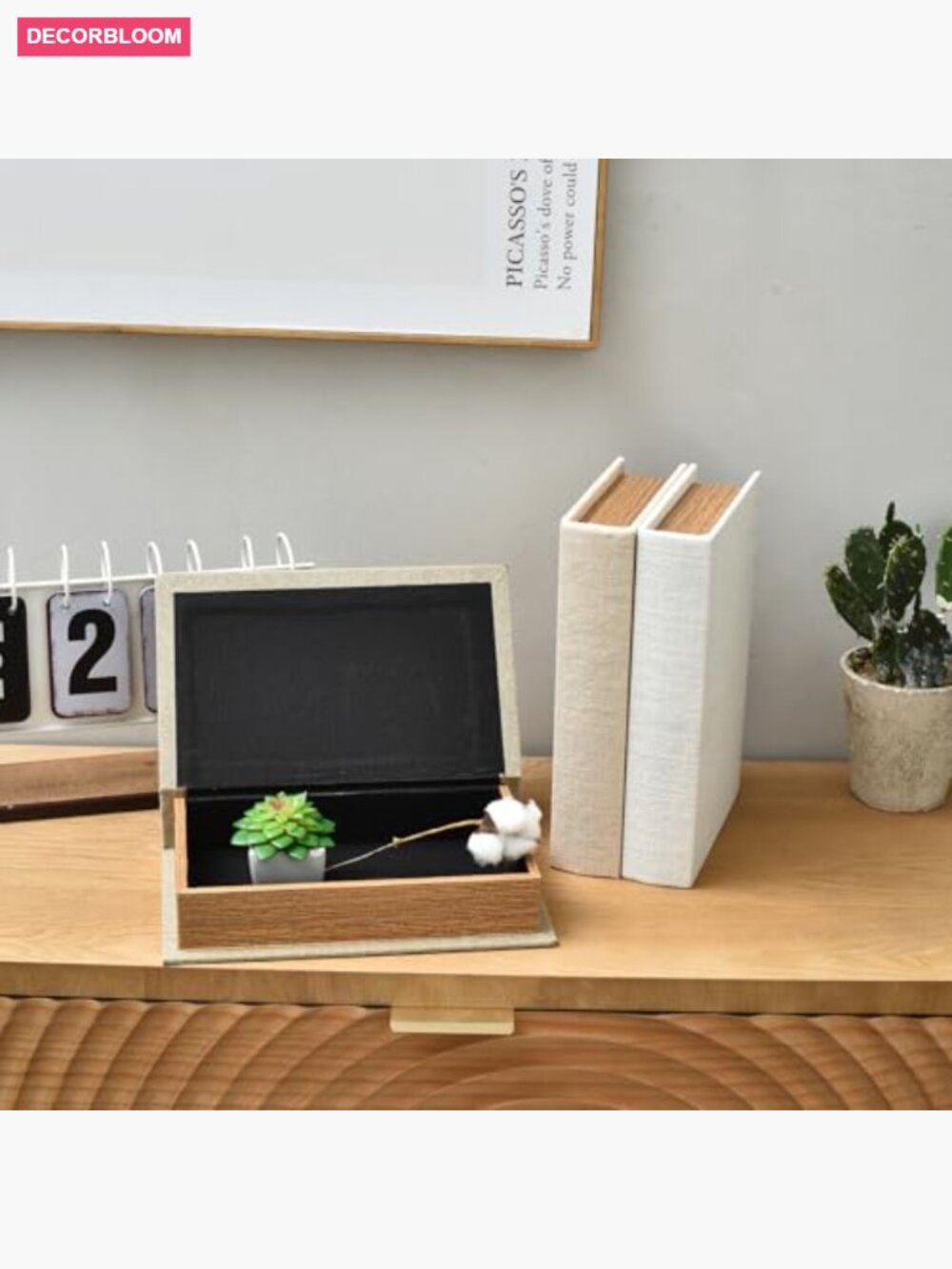 Set of 3 Decorative Faux Book Boxes with Linen and Wood - Picture 5 of 7